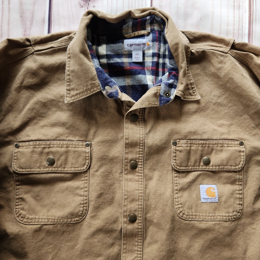 Carhartt "Weathered Canvas Shirt Jac" Flannel-lined Shacket Tan | Men's Size 2XL - Picture 4 of 11